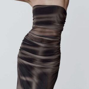 Zara Ruched Strapless Mesh Brown and Gray Dress